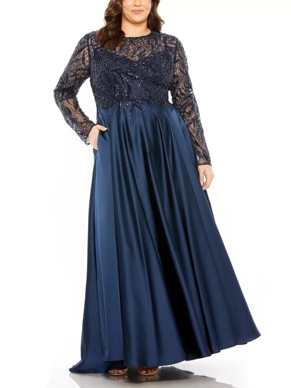 Mac Duggal Midnight Blue Sheer Long Sleeve Beaded Top Satin Gown